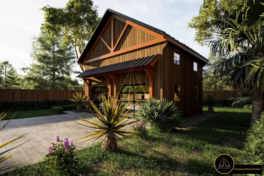 Rustic modern barnhouse exterior at golden hour