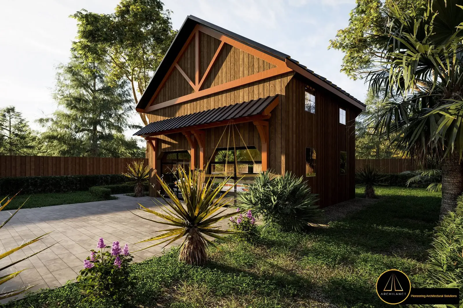 Modern barnhouse with timber gable and desert planting