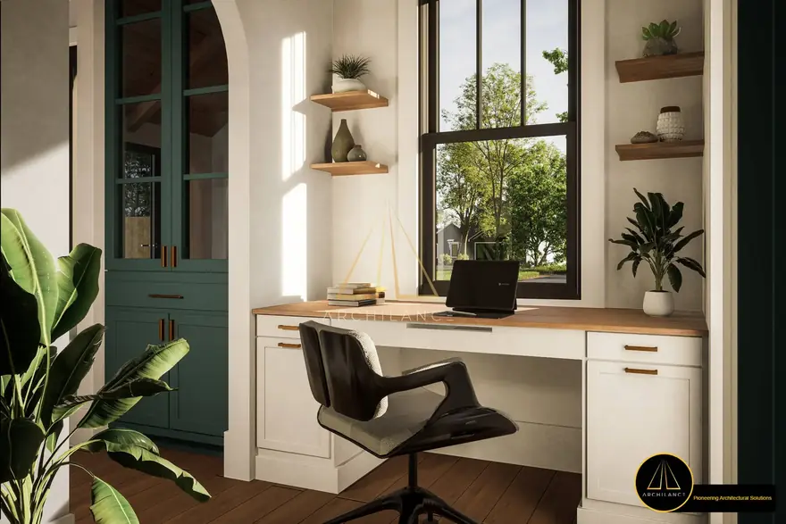 Chic home office workspace with built-in joinery