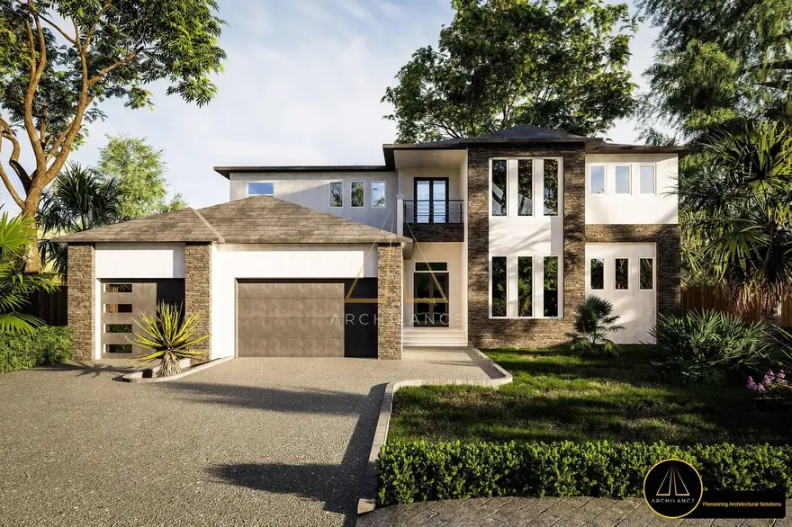 Contemporary luxury villa exterior with pool