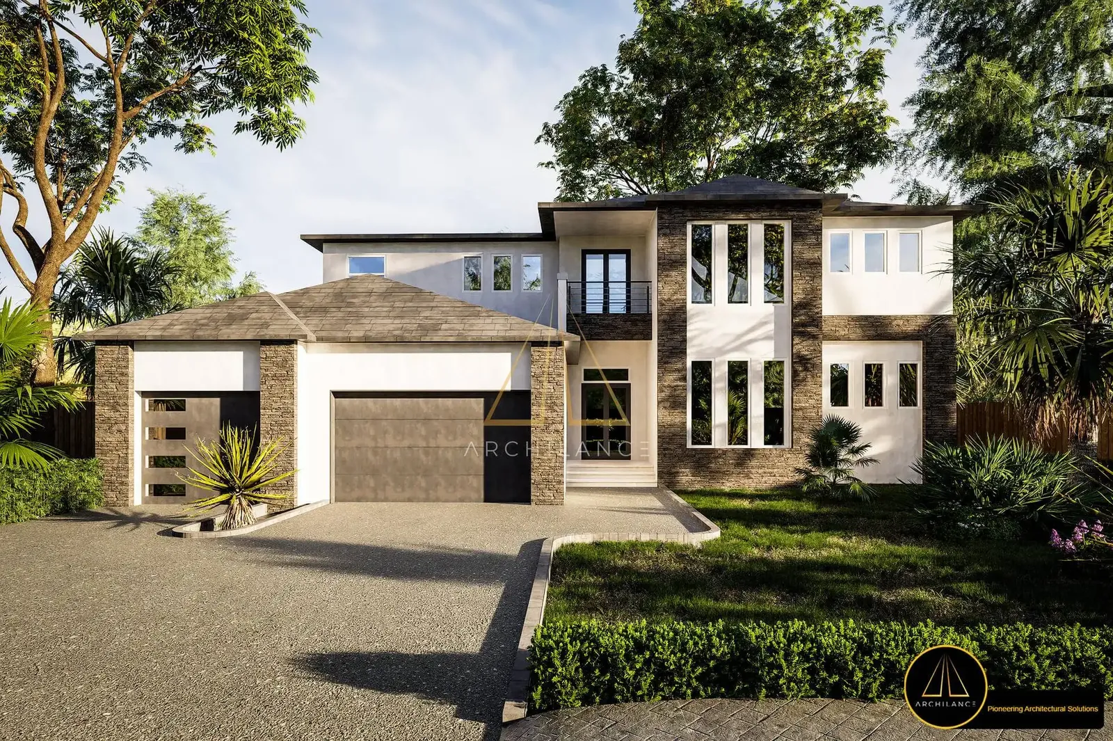 Contemporary two-storey luxury villa with stone and timber cladding