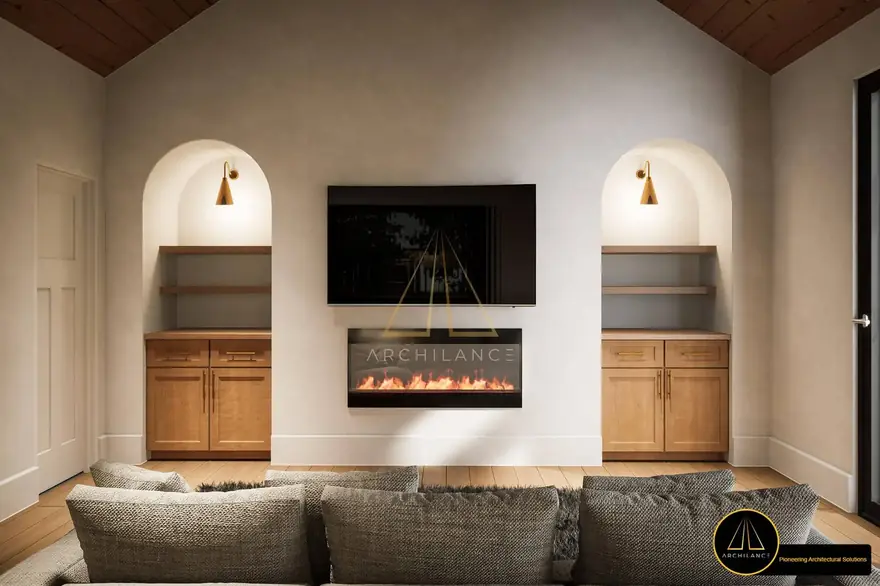 Cosy interior with stone fireplace and timber ceiling