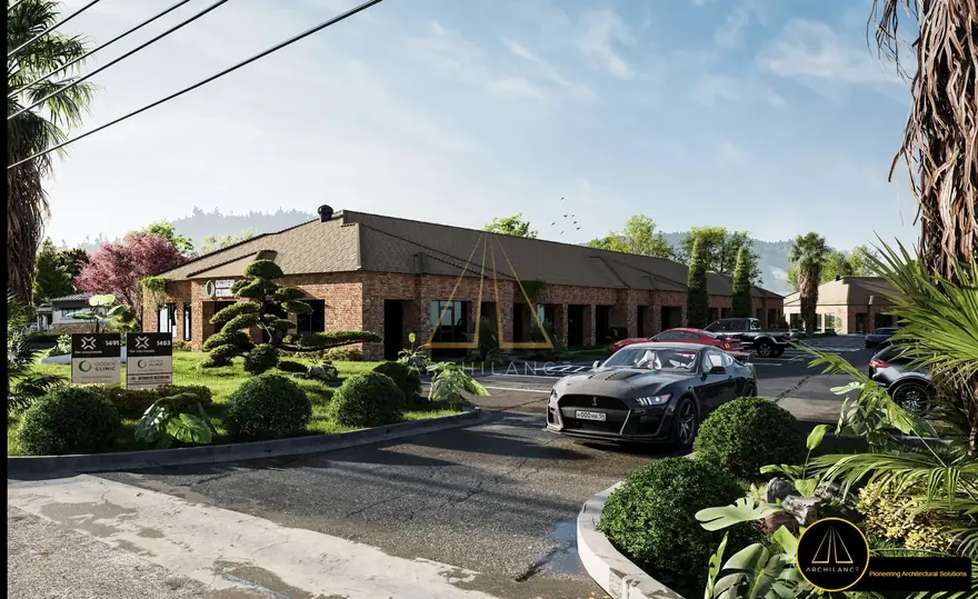 Existing commercial building recreated in 3D from map imagery
