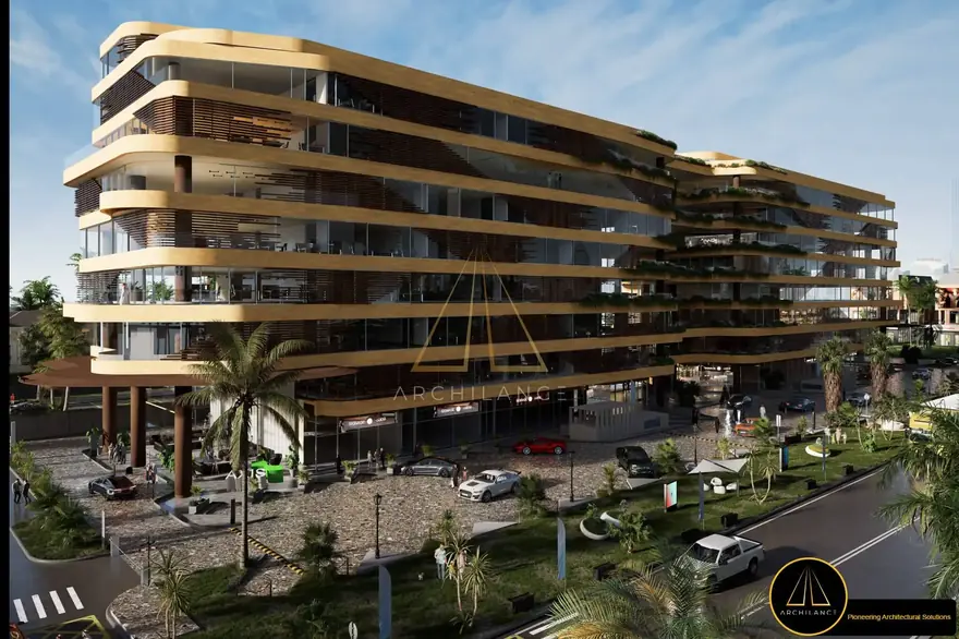 High rise building facade with layered planting and glazed balconies