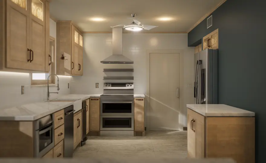 Modern kitchen interior render with island and warm timber