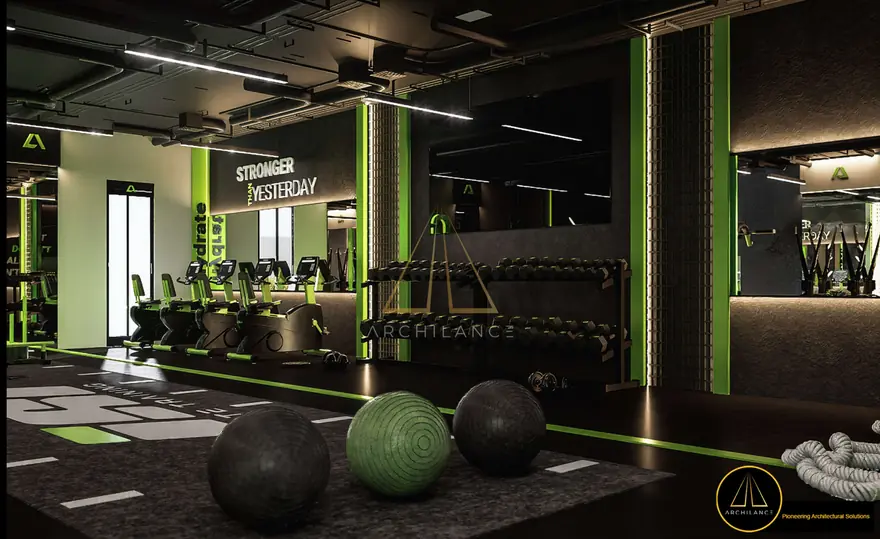 Modern gym interior in dark tones with branded lighting
