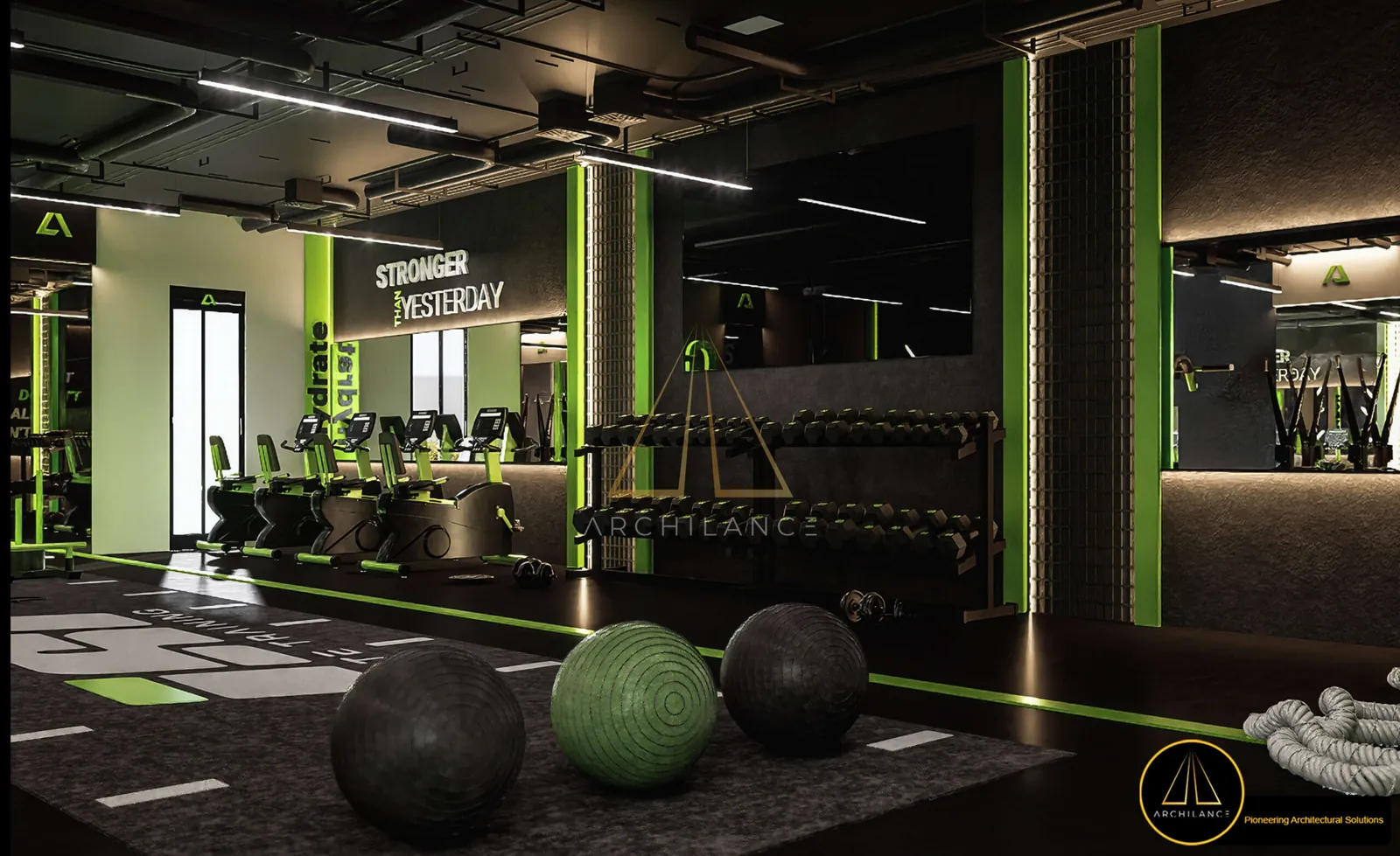 Modern gym interior in dark tones with branded green lighting