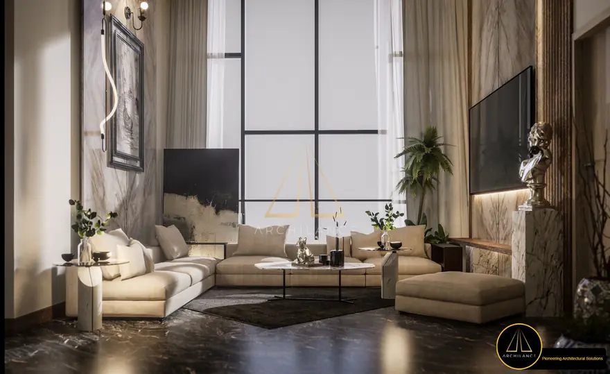 Modern living room interior with fireplace and soft daylight