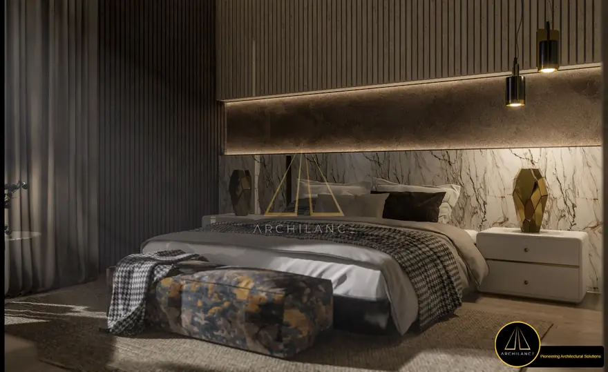 Modern residential interior with layered lighting